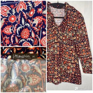 J. McLaughlin Blouse Women's Size M Ruffle V-Neck Floral Blue Orange Stretchy